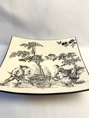 Black & White Toile Plate 9" Square Dish Pastoral Scene Decorative Ceramic